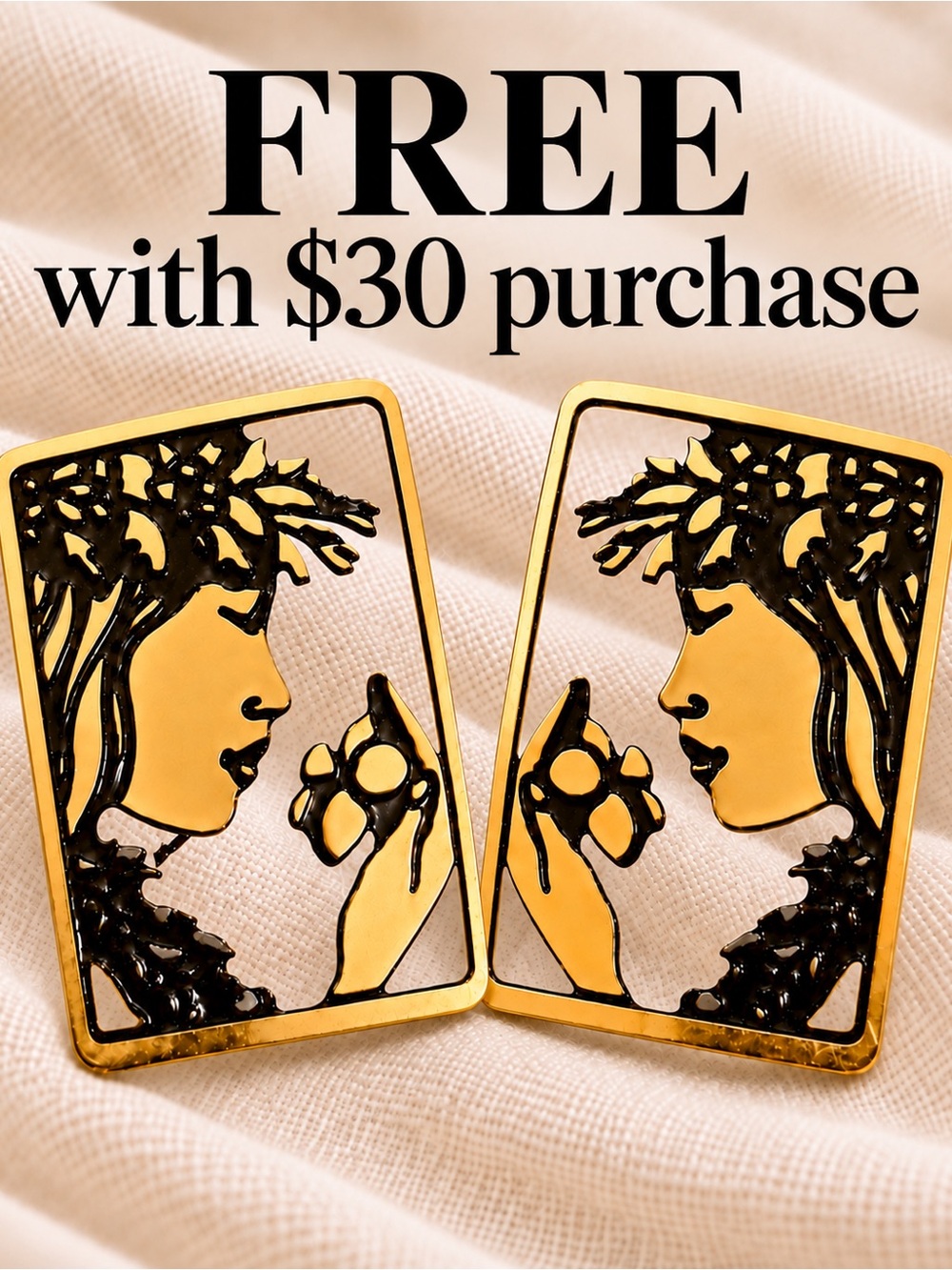 Art Nouveau Lady Gold Tone Openwork Statement Earrings |FREE Gift w $30 Purchase